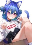  1girl animal_ears belt black_belt black_shorts blue_hair blush box cat_ears cat_girl cat_tail commentary double_bun earclip feet_out_of_frame flat_chest green_hair grin hair_between_eyes hair_bun high-waist_shorts highres in_box in_container kemonomimi_mode konkito long_bangs long_sleeves looking_at_viewer mole mole_under_eye multicolored_hair nanashi_inc. official_alternate_costume pink_eyes short_hair shorts simple_background smile solo suzumi_nemo suzumi_nemo_(2nd_costume) sweater symbol-only_commentary tail two-tone_hair virtual_youtuber white_background white_sweater 