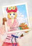  1girl 2019 artist_name blonde_hair blue_eyes bouquet brown_gloves character_name commentary_request cowboy_shot dated frilled_shirt frills gloves goggles goggles_on_headwear hanakotoba28 happy_birthday hat highres holding holding_bouquet koala_(one_piece) looking_to_the_side one_piece open_mouth pink_shirt shirt short_hair sky smile solo 