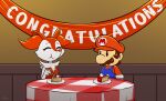 absurd_res anthro banner braixen breasts cake celebration chewing clothing cutlery dairy_products dessert dominator_(typicaldork) duo e254e eating facial_hair facial_tuft featureless_breasts female food fur furniture generation_6_pokemon hat headgear headwear hi_res human inner_ear_fluff kitchen_utensils male mammal mario mario_bros mustache natural_breasts nintendo overalls paper_mario paper_mario:_the_thousand_year_door party pokemon pokemon_(species) red_body red_fur red_nose smile spoon table tablecloth tools tuft whipped_cream