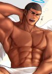  1boy abs aishuel_(crave_saga) angel angel_wings arm_behind_head armpits bara blue_halo dark-skinned_male dark_skin halo male_focus muscular muscular_male nattukre nipples one_eye_closed open_mouth pectorals red_eyes scar scar_on_chest scar_on_face short_hair solo squeans topless_male very_short_hair waking_up wings yawning 