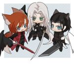angeal_hewley big_sword black_body black_feathers black_hair blue_eyes buster_sword chibi clothed clothing coat digital_media_(artwork) dotted_background ears_up feathers final_fantasy final_fantasy_vii fluffy fluffy_tail green_eyes group hair hi_res inner_ear_fluff long_hair looking_at_viewer male melee_weapon open_mouth pattern_background quanzai201 red_clothing red_coat red_hair red_topwear sephiroth signature simple_background square_enix sword tail topwear trio tuft weapon white_body white_feathers white_hair wings