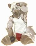 2024 anthro clothing fur gloves grey_body grey_fur hair handwear hi_res hyena male mammal simple_background sitting solo tail topwear underwear yuuko891