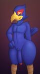 anthro avian beak bird blue_body blue_feathers blue_penis chunknudies falco_lombardi feathers feet flaccid genitals hand_on_hip hi_res humanoid_genitalia humanoid_penis looking_at_viewer male nintendo penis solo star_fox talons thick_thighs toes wide_hips yellow_talons