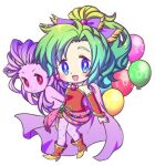  2girls animal_balloon bare_shoulders blue_eyes boots breasts cape chibi closed_mouth colored_skin detached_sleeves dress dual_persona earrings final_fantasy final_fantasy_vi full_body gold_trim green_hair hair_bobbles hair_ornament hair_ribbon jewelry long_hair medium_breasts monster_girl moogle motoko_(taom) multiple_girls open_mouth parted_bangs pink_cape pink_skin polka_dot_pantyhose ponytail purple_hair red_dress red_eyes red_footwear red_sleeves ribbon smile strapless strapless_dress terra_branford trance_terra_branford tube_dress waist_sash white_background 