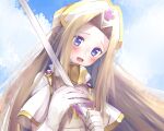  1girl blonde_hair blue_eyes blue_sky capelet cloud commentary_request cross_print gloves hat holding holding_staff light_blush long_hair mint_adenade nurse_cap open_mouth parted_bangs sky smile solo staff straight_hair sunlight tales_of_(series) tales_of_phantasia upper_body usamata white_capelet white_gloves white_hat 