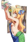  1girl absurdres ahoge apron blonde_hair blue_apron bow breasts from_side hair_bow highres jashin-chan jashin-chan_dropkick lamia long_hair manga_(object) monster_girl naked_apron navel profile rokochandayo small_breasts solo upper_body 