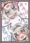  2girls :d absurdres animal_collar animal_ears bandaid bandaid_hair_ornament blue_eyes blue_hair blue_hairband blush chibi chibi_only collar commentary_request crossed_bangs dog_ears double-parted_bangs fake_horns fang fuwawa_abyssgard hair_between_eyes hair_intakes hair_ornament hairband hairclip highres hololive hololive_english horn_hairband horns light_brown_hair long_hair looking_at_viewer mococo_abyssgard multicolored_hair multiple_girls open_mouth outside_border pink_eyes short_hair siblings sisters skin_fang smile speech_bubble spiked_collar spikes streaked_hair twins two_side_up virtual_youtuber x_hair_ornament yashamaru_(yashamalu_1004) 
