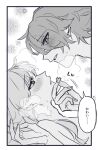  2girls azuma_(magi-inazuma) blush breath commentary_request eye_contact greyscale highres long_hair looking_at_another lying monochrome multiple_girls on_back original parted_lips short_hair speech_bubble sweat translation_request yuri 