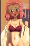  1girl blush bra breasts brown_eyes clothes_pull commentary frown girls_und_panzer groin highres indoors jinguu_(4839ms) looking_at_viewer medium_breasts medium_hair navel no_panties open_clothes open_mouth open_shirt pillarboxed pulled_by_self red_bra red_hair rosehip_(girls_und_panzer) shirt_pull solo standing translated underwear window 