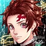  1boy brown_hair commentary_request dated earrings expressionless hanafuda_earrings jewelry kamado_tanjirou kimetsu_no_yaiba male_focus mito_amatsu pink_eyes portrait scar scar_on_face scar_on_forehead signature solo 