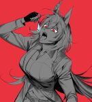  1girl animal_ears arm_up belt breasts collared_shirt fangs fingerless_gloves gloves hair_between_eyes highres holding_earrings horse_ears jacket large_breasts long_hair long_sleeves looking_up open_mouth partially_colored red_background red_eyes shirt simple_background sirius_symboli_(umamusume) slit_pupils solo symboli_rudolf_(umamusume) tongue tongue_out ukka_(0ukka_) umamusume upper_body 