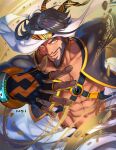  1boy abs artist_name beard brown_hair dark-skinned_male dark_skin facial_hair fingerless_gloves gloves headband highres male_focus ngi_kta rashid_(street_fighter) signature solo street_fighter yellow_eyes 