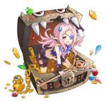  1girl :d ahoge ark_order artist_request black_shorts bra chain coin detached_sleeves facial_mark fang faux_figurine full_body gem gold gold_coin holding holding_key horns key long_hair long_sleeves looking_at_viewer mimic mimic_(ark_order) mimic_chest official_art pink_eyes pink_hair potion purple_bra purple_horns purple_shirt shirt short_bangs shorts sidelocks smile solo transparent_background treasure treasure_chest twintails underwear vase 