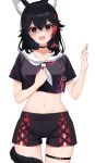  1girl absurdres ai_(u_e_o_o) animal_ear_fluff animal_ears black_choker black_hair black_shirt black_shorts blush brown_eyes choker clenched_hand commentary_request cowboy_shot cropped_shirt cross-laced_clothes cross-laced_shorts hair_between_eyes hand_up highres hololive midriff multicolored_hair multicolored_neckerchief navel neckerchief official_alternate_costume ookami_mio ookami_mio_(another_ookami_mio) open_mouth red_hair red_neckerchief sailor_collar shirt short_sleeves shorts simple_background solo stomach streaked_hair tail tail_around_own_leg tearing_up thigh_strap thighs virtual_youtuber white_background white_neckerchief white_sailor_collar wolf_ears wolf_girl wolf_tail 