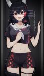  1girl absurdres ai_(u_e_o_o) animal_ear_fluff animal_ears black_choker black_hair black_shirt black_shorts blush brown_eyes choker clenched_hand commentary_request cowboy_shot cropped_shirt cross-laced_clothes cross-laced_shorts hair_between_eyes hand_up highres hololive in_locker midriff multicolored_hair multicolored_neckerchief navel neckerchief official_alternate_costume ookami_mio ookami_mio_(another_ookami_mio) open_mouth red_hair red_neckerchief sailor_collar shirt short_sleeves shorts solo stomach streaked_hair tail tail_around_own_leg tearing_up thigh_strap thighs translation_request trembling virtual_youtuber white_neckerchief white_sailor_collar wolf_ears wolf_girl wolf_tail 