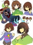  3others \m/ absurdres ahoge antenna_hair aqua_skin arrow_(symbol) bead_necklace beads black_blood blood blood_from_eyes blue_hair blue_scarf blue_shirt blunt_bangs blush brown_hair brown_shorts chara_(undertale) child closed_eyes closed_mouth collared_shirt colored_skin commentary crossover deltarune double_\m/ fingernails frisk_(undertale) green_sweater hair_between_eyes heart heart_necklace highres holding holding_knife hollow_eyes index_finger_raised jewelry knife komugiko_(bitte_komu) kris_(deltarune) light_smile long_sleeves looking_at_viewer mixed-language_text multiple_others multiple_views necklace open_mouth pink_scarf pink_shirt red_eyes scarf shirt short_hair shorts sleeves_past_fingers sleeves_past_wrists smile striped_clothes striped_scarf striped_shirt striped_sweater sweatdrop sweater teeth turtleneck turtleneck_sweater undertale upper_body v white_background yellow_skin yellow_sweater 