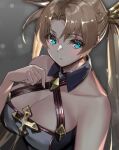  1girl bare_shoulders blonde_hair blue_eyes blush bradamante_(fate) braid breasts cleavage collarbone commentary_request fate/grand_order fate_(series) grey_background large_breasts long_hair looking_at_viewer parted_bangs simple_background solo suishougensou twintails upper_body 