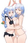  2girls absurdres animal_ear_fluff animal_ears asymmetrical_docking bikini blue_hair blush braid breast_press breasts carrot_hair_ornament food-themed_hair_ornament hair_ornament highres hololive large_breasts long_hair miles2213x mother_and_daughter multicolored_hair multiple_girls open_mouth pekomama rabbit_ears rabbit_girl red_eyes small_breasts swimsuit thick_eyebrows twin_braids twintails two-tone_hair usada_pekora virtual_youtuber white_hair 