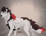 absurd_res black_ears black_eyes black_hair black_nose black_white_fur canid canine canis colorful_fur ears_up feral fur grey_background hair hi_res male mammal multicolored_tail muscular muscular_male nude simple_background smile solo tail white_body white_fur wolf