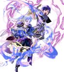 1boy 1girl aged_down attack black_coat black_gloves blue_eyes blue_hair book braid chrom_(child)_(fire_emblem) chrom_(fire_emblem) coat fingerless_gloves fire_emblem fire_emblem_awakening fire_emblem_heroes gloves glowing grey_eyes highres holding holding_book holding_sword holding_weapon lightning magic non-web_source open_book open_mouth robin_(female)_(child)_(fire_emblem) robin_(female)_(fire_emblem) robin_(fire_emblem) swing sword twintails v-shaped_eyebrows weapon white_hair 
