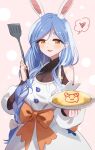  1girl animal_ear_fluff animal_ears apron blue_hair braid braided_ponytail chita_(ketchup) commentary food highres holding holding_spatula hololive long_hair mature_female multicolored_hair omelet omurice open_mouth pekomama rabbit_ears rabbit_girl shadowsinking short_eyebrows smile solo spatula symbol-only_commentary thick_eyebrows virtual_youtuber white_hair 