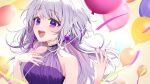  2girls balloon bare_shoulders black_choker breasts choker crescent_choker dress earrings flower flower_earrings grey_hair halter_dress halterneck highres ichiko_1234 indie_virtual_youtuber jewelry long_hair multicolored_hair multiple_girls open_mouth purple_dress purple_eyes purple_flower purple_hair purple_nails solo streaked_hair streamers teeth upper_body upper_teeth_only virtual_youtuber yuzuki_yukimi 