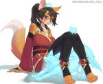  1girl 2024 animal_ear_fluff animal_ears animal_nose bare_shoulders black_hair black_thighhighs body_fur breasts claws creature_on_head detached_sleeves english_commentary fang fox fox_ears fox_girl fox_tail glowing_animal highres japanese_clothes large_breasts multicolored_fur negiwasabi465 obi open_mouth orange_fur original ponytail purple_eyes red_skirt sash simple_background sitting skirt stirrup_legwear stretching tail thighhighs toeless_legwear twitter_username white_background white_fur yawning 