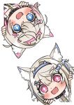  2girls :d absurdres animal_collar animal_ears bandaid bandaid_hair_ornament blue_eyes blue_hair blue_hairband blush chibi chibi_only collar commentary_request crossed_bangs dog_ears double-parted_bangs fake_horns fang fuwawa_abyssgard hair_between_eyes hair_intakes hair_ornament hairband hairclip highres hololive hololive_english horn_hairband horns light_brown_hair long_hair looking_at_viewer mococo_abyssgard multicolored_hair multiple_girls open_mouth pink_eyes short_hair siblings simple_background sisters skin_fang smile spiked_collar spikes streaked_hair twins two_side_up virtual_youtuber white_background x_hair_ornament yashamaru_(yashamalu_1004) 