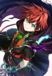  1boy absurdres black_coat blue_eyes cloak coat feathers gloves highres holding holding_sword holding_weapon jewelry kosodoro protagonist_(shironeko_project) red_hair shironeko_project sword weapon white_background 