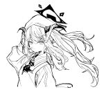  1girl apron ascot blue_archive bobonasudan closed_mouth demon_horns fuuka_(blue_archive) greyscale hair_between_eyes halo head_scarf horns long_hair long_sleeves looking_at_viewer monochrome parted_lips simple_background sketch solo twintails upper_body white_background 