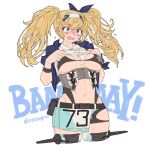  1girl black_bow black_bra blonde_hair blue_eyes blue_jacket blush bow bra breasts breasts_apart collared_shirt commentary_request corset cropped_legs flying_sweatdrops gambier_bay_(kancolle) gambier_bay_mk_ii_(kancolle) groin hairband jacket kantai_collection large_breasts lifted_by_self long_hair navel open_mouth oso_(toolate) revision shirt simple_background solo sweat sweatdrop thighhighs twintails twitter_username underwear wavy_mouth white_background white_shirt 