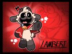ambiguous_gender anthro asleepymystery bell bovid cape caprine clothed clothing crossover cult_of_the_lamb english_text fluffy happy hi_res horn lamb_(cult_of_the_lamb) mammal massive_monster_(studio) partially_clothed poppy_playtime red_crown_(cult_of_the_lamb) sheep smile smiling_critters solo standing text