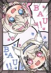  2girls :d absurdres animal_collar animal_ears bandaid bandaid_hair_ornament blue_eyes blue_hair blue_hairband blush chibi chibi_only collar commentary_request crossed_bangs dog_ears double-parted_bangs fake_horns fang fuwawa_abyssgard hair_between_eyes hair_intakes hair_ornament hairband hairclip highres hololive hololive_english horn_hairband horns light_brown_hair long_hair looking_at_viewer mococo_abyssgard multicolored_hair multiple_girls open_mouth outside_border pink_eyes short_hair siblings sisters skin_fang smile speech_bubble speed_lines spiked_collar spikes streaked_hair twins two_side_up virtual_youtuber x_hair_ornament yashamaru_(yashamalu_1004) 