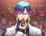  1boy beatmania_iidx black_nails black_shirt blue_hair braid braided_ponytail brown_background chain_necklace chocolate coat commentary_request dr._phi eating fingernails food glasses gradient_hair hair_between_eyes hair_over_shoulder half-closed_eyes highres holding holding_food jewelry lab_coat long_bangs long_hair long_sleeves looking_at_viewer male_focus mitarashi_tsukune multicolored_hair necklace open_mouth parted_bangs pink_hair purple_eyes rimless_eyewear round_eyewear shirt single_braid solo tongue tongue_out twitter_username upper_body white_coat 
