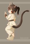  1girl absurdres ahoge artist_name barefoot black_hair chinese_commentary commentary_request dougi dragon_girl dragon_tail fang full_body grey_background high_ponytail highres horns kuma-bound medium_hair open_mouth original pants red_eyes simple_background smile soles solo standing standing_on_one_leg tail toes white_pants 