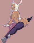  1girl animal_ears ass back boku_no_hero_academia breasts brown_background dark-skinned_female dark_skin flexible fur_collar gloves grin hands_on_floor highres huge_ass large_breasts long_eyelashes long_hair looking_at_viewer looking_back mirko nipples octavius_(octavius_dp) on_floor parted_bangs purple_thighhighs rabbit_ears rabbit_girl rabbit_tail red_eyes shadow smile solo split spread_legs tail thighhighs thighs toned topless very_long_hair white_gloves white_hair 