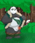 2024 4:5 anthro balls bear belly black_body black_nose bottomwear bottomwear_down clothed clothing dreamworks duo erection genitals giant_panda givemepudding3 hi_res kemono kung_fu_panda li_shan_(kung_fu_panda) male mammal moobs nipples overweight overweight_male partially_clothed penis plant shorts shorts_down tree white_body