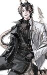  0_0himawa 1boy arknights arm_rest belt black_belt black_hair black_jacket chest_belt chong_yue_(alighting)_(arknights) chong_yue_(arknights) collared_jacket collared_shirt dragon_horns dragon_tail ear_ornament fangs gloves grey_gloves grey_shirt hair_over_shoulder highres horns jacket long_hair male_focus multicolored_clothes multicolored_hair multicolored_jacket open_clothes open_jacket parted_bangs pointy_ears red_eyes shirt simple_background sitting smile solo streaked_hair tail teeth thigh_belt thigh_strap two-tone_jacket upper_body upper_teeth_only white_jacket 