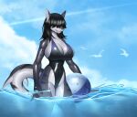 anthro big_breasts black_hair breasts cleavage clothed clothing daevon_(smiju) female fish glistening glistening_body glistening_clothing grey_body hair hair_over_eyes huge_breasts marine non-mammal_breasts one-piece_swimsuit partially_submerged peschinka piercing shark smile solo stripes swimwear