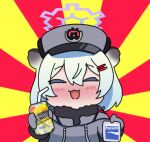  1girl animal_ears blue_archive blush can closed_eyes drinking_straw drunk fur_hat green_hair grey_hat grey_jacket hair_between_eyes halo hat holding holding_can jacket long_sleeves lowres nyaru_(nyaru_4126) open_mouth pocari_sweat purple_halo shigure_(blue_archive) short_hair smile solo strong_zero ushanka weasel_ears 