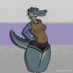 1:1 2023 alligator alligatorid anthro bottomwear breasts cayugo clothed clothing crocodilian digital_media_(artwork) eyelashes female green_body hands_on_hips hi_res looking_at_viewer navel_outline red_eyes reptile scales scalie sharp_teeth shirt shorts simple_background solo tail tank_top teeth topwear yellow_clothing