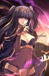  1girl absurdres artist_name black_hair blunt_bangs bodystocking book bracelet breasts circlet cleavage covered_navel fire_emblem fire_emblem_awakening highres holding holding_book jewelry large_breasts long_hair medium_breasts purple_eyes sean_sorey solo tharja_(fire_emblem) tiara two-tone_cape 