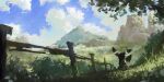  cloud commentary_request day fence grass highres mountain no_humans obane_(desert00) outdoors pokemon pokemon_(creature) scenery sky solo tree umbreon 