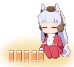  1girl animal_ears blush_stickers bow brown_background brown_hat chibi chikuwa closed_eyes ear_bow facing_viewer food gold_ship_(umamusume) gomashio_(goma_feet) grey_hair hat horse_ears horse_girl horse_tail jacket long_hair mini_hat pants purple_bow red_jacket red_pants solo squatting tail track_jacket track_pants track_suit umamusume very_long_hair white_background 
