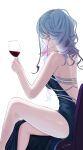  1girl absurdres ak-12_(girls&#039;_frontline) ak-12_(quiet_azure)_(girls&#039;_frontline) alcohol backless_dress backless_outfit black_dress breasts crossed_legs cup dress drinking_glass earrings gincho girls&#039;_frontline grey_hair hand_on_own_chin highres holding holding_cup jewelry long_hair official_alternate_costume sideboob simple_background sitting solo white_background wine wine_glass 