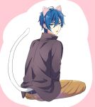  1boy akiyoshi_(tama-pete) animal_ears black_shirt blue_eyes blue_hair cat_ears cat_tail collared_shirt ear_piercing from_behind hair_between_eyes jitome kaito_(vocaloid) looking_at_viewer looking_back male_focus on_floor pants parted_lips piercing shirt simple_background sitting solo tail upper_body vocaloid yellow_pants 