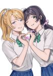  2girls ayase_eli blonde_hair blue_hair blush bow bowtie breasts collared_shirt commentary green_bow green_bowtie green_eyes hair_ornament hair_scrunchie heart heart_hands heart_hands_duo highres long_hair looking_at_viewer love_live! love_live!_school_idol_project low_twintails multiple_girls one_eye_closed otonokizaka_school_uniform pink_scrunchie ponytail purple_hair school_uniform scrunchie shirt short_sleeves simple_background smile teeth tojo_nozomi tsumujikaze74 twintails upper_body white_background white_scrunchie white_shirt 