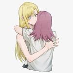  2girls arm_around_neck bare_arms blonde_hair blue_eyes closed_mouth commentary english_commentary grey_background hand_on_another&#039;s_back highres hug kaleido_star layla_hamilton long_hair multiple_girls naegino_sora purple_hair rekari_(rekari628) shirt short_sleeves simple_background upper_body white_shirt yuri 