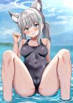  1girl ;p animal_ear_fluff animal_ears aqua_eyes arm_support bare_arms bare_legs black_one-piece_swimsuit blue_archive blue_sky blush breasts cameltoe collarbone covered_navel day grey_hair hair_ornament halo highres looking_at_viewer mechanical_halo medium_breasts nootomo ocean one-piece_swimsuit one_eye_closed open_mouth outdoors shiroko_(blue_archive) sitting sky solo spread_legs swimsuit thighs tongue tongue_out wet x_hair_ornament 