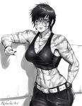  1girl abs against_railing belt black_hair black_nails bracelet breasts cleavage earrings glasses greyscale highres jewelry jujutsu_kaisen looking_at_viewer monochrome muscular muscular_female necklace pants railing robusta_mania scar shadow short_hair signature smile solo tank_top yellow_eyes zen&#039;in_maki 